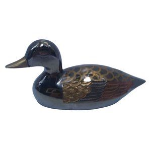 Brass Duck Figurine 8 In by 3.5 In Hand Painted Etched Wings